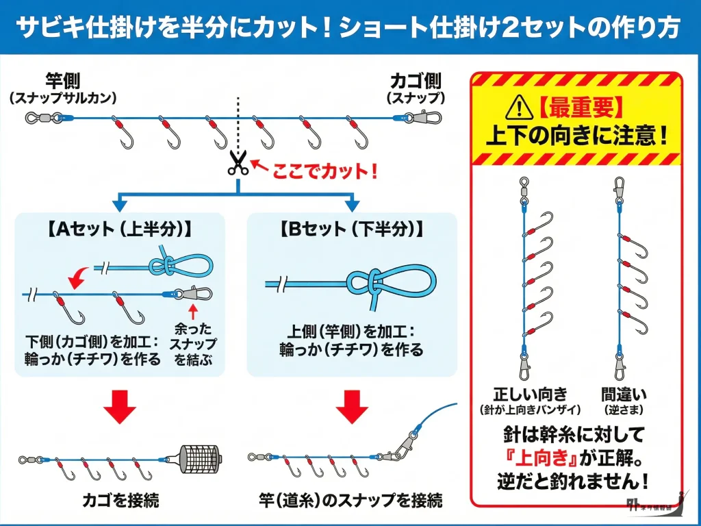 サビキ仕掛けをカットする図解。