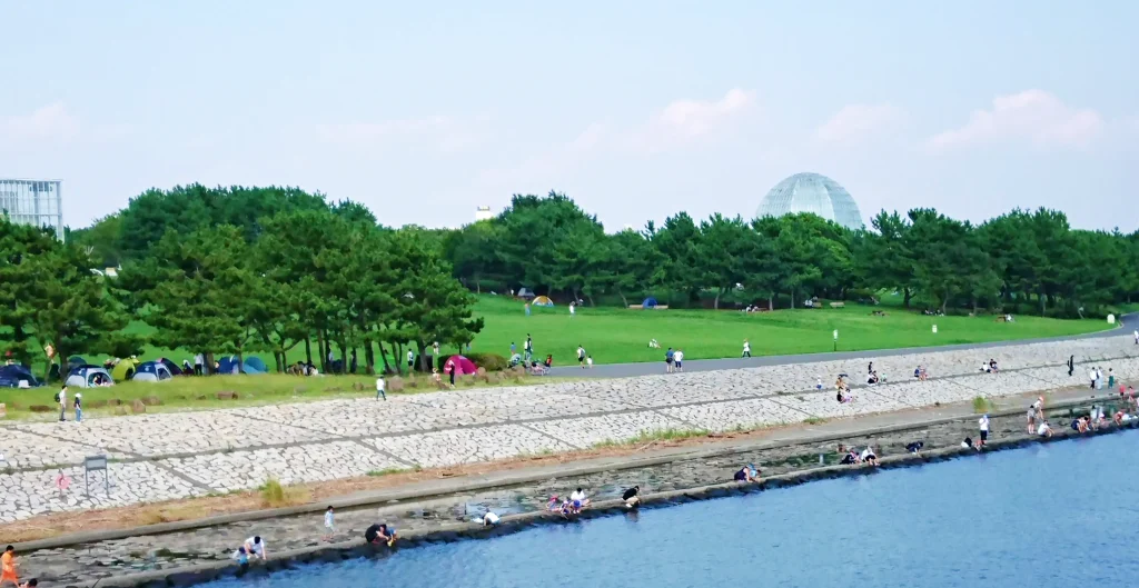 渚橋から見る芝生エリア