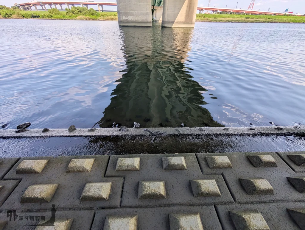 鹿浜橋の濡れている護岸の画像