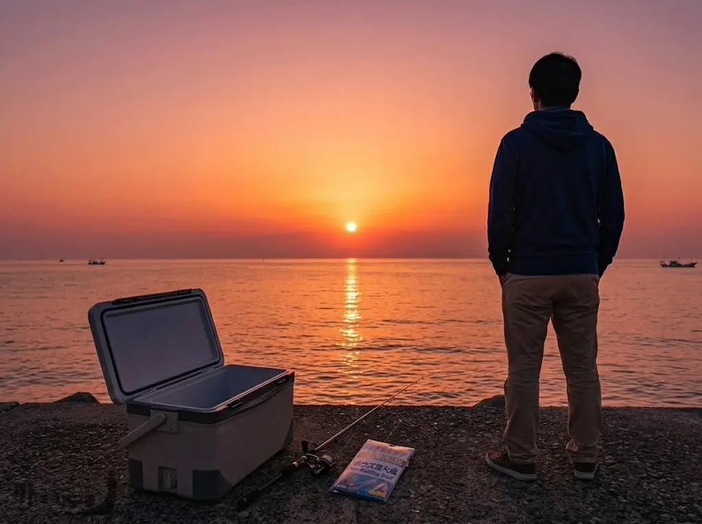 釣れなくても海と夕日を楽しむ釣り人
